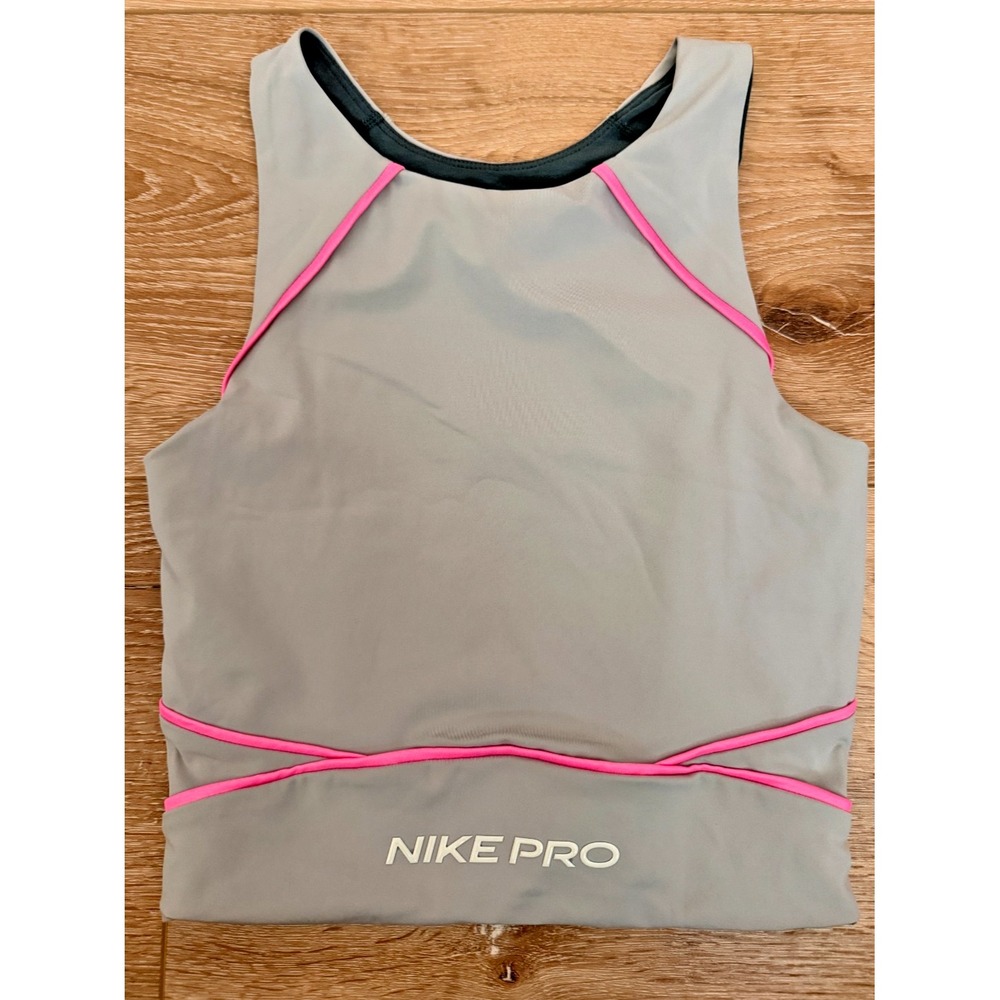 Nike Pro Dri-FIT Cropped Tank Top Womens XS Gray Pink Trim DQ6295-330
